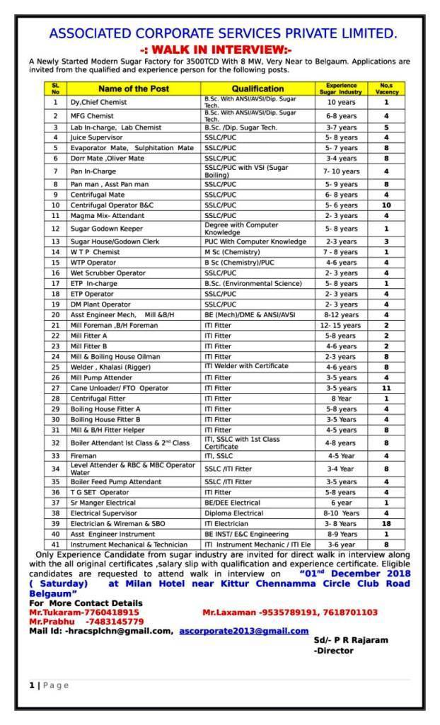 Sugar industry Job vacancies Information | Associated Corporate Sevices Private Limited, Karnataka, India