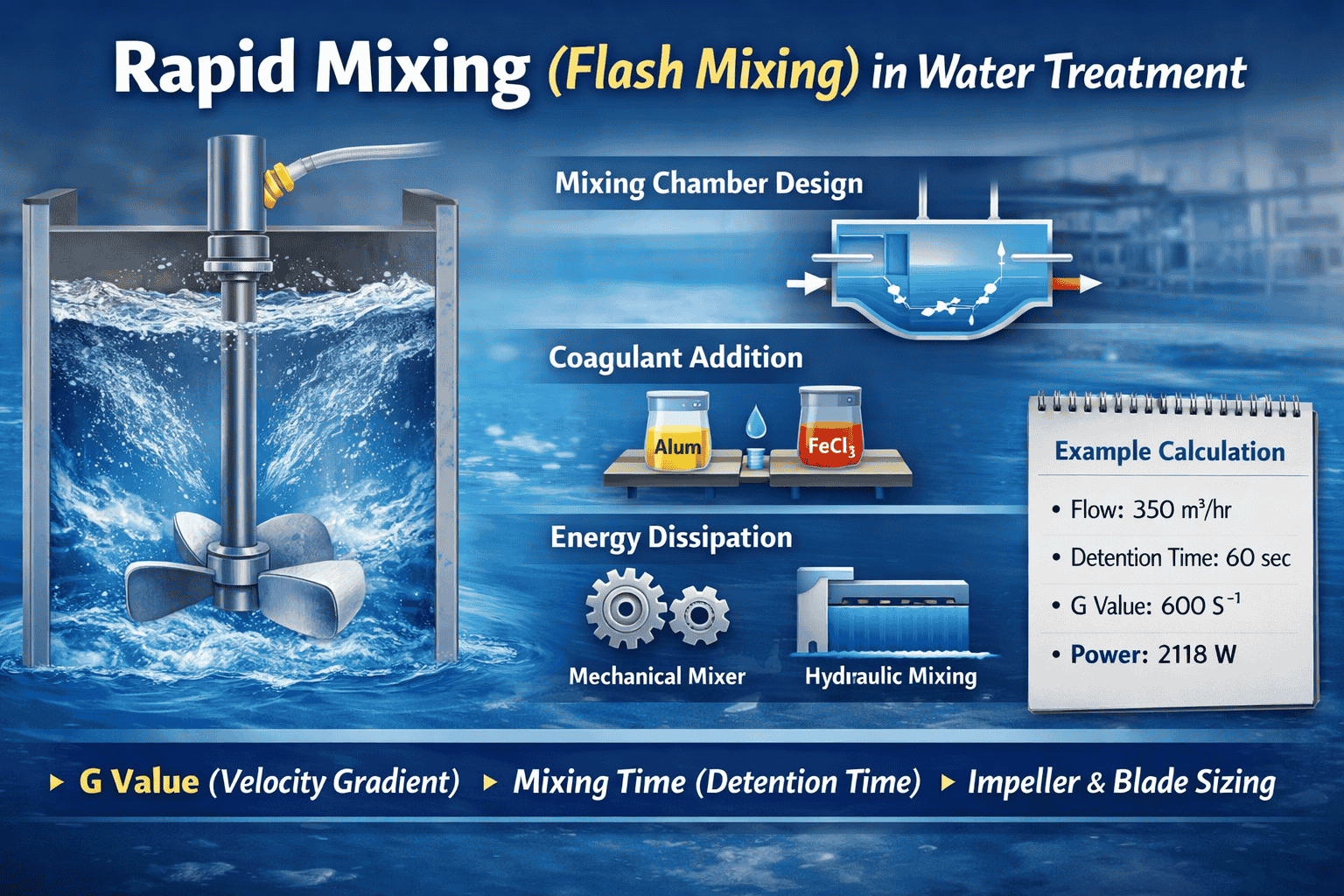 Illustration of rapid mixing (flash mixing) system in water treatment plant showing impeller mixer, coagulant addition, velocity gradient (G value), detention time and power calculation example.