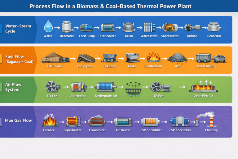 Thermal power plant process flow diagram showing boiler, turbine, condenser, cooling tower, and flue gas path in a biomass and coal fired cogeneration plant